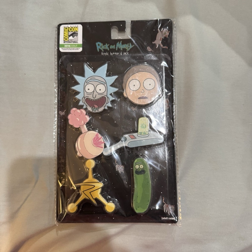 Rick and Morty Acrylic 6 Pack Button Pin Set 2018 Comic-Con Exclusive